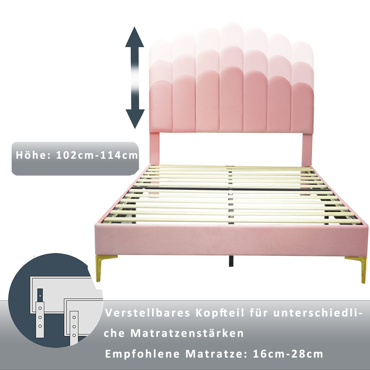 Upholstered Double Bed, 140x200cm, Headboard & Slatted Frame, Velvet Pink