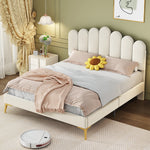 Upholstered Double Bed, 140x200cm with Headboard & Slatted Frame, Beige Velvet