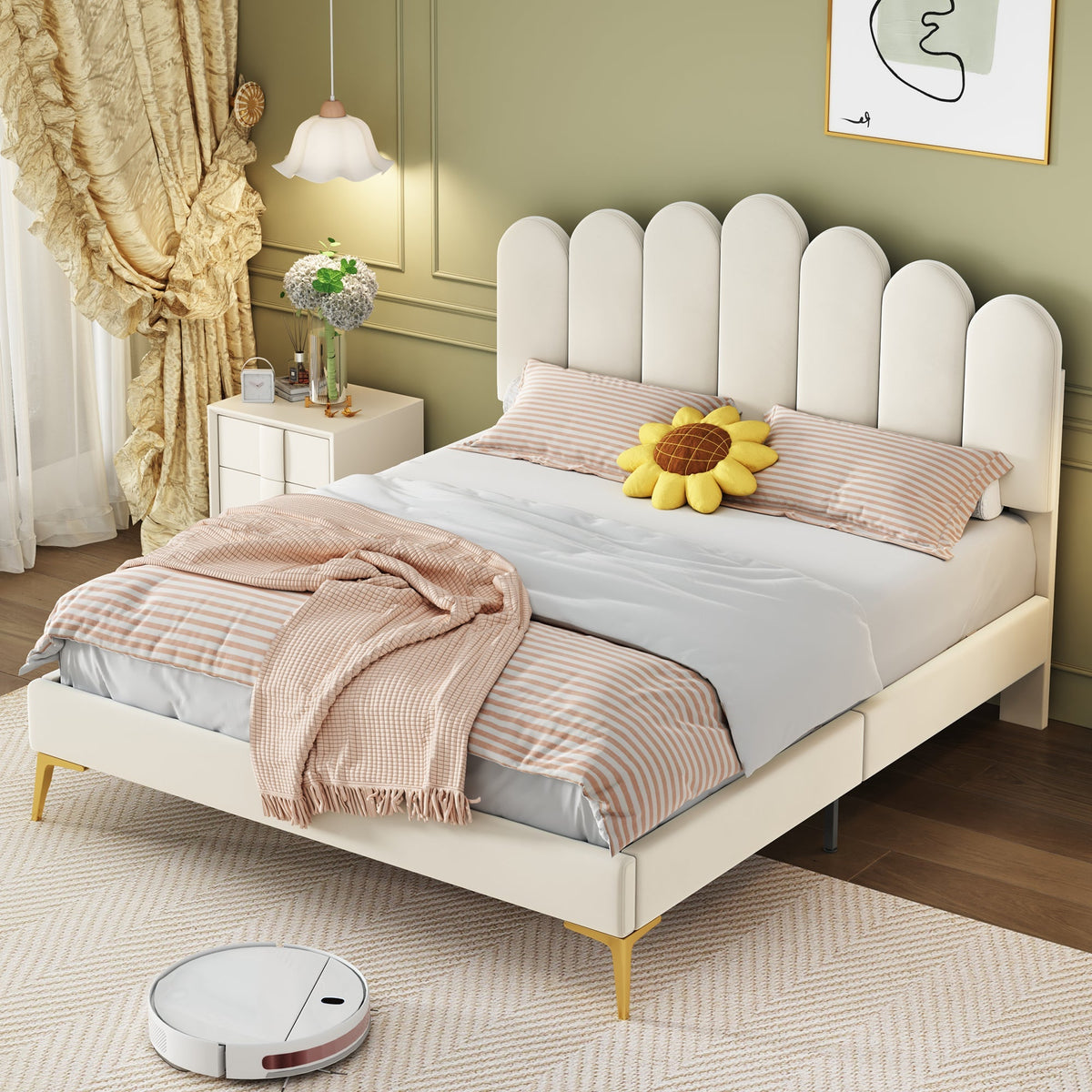 Upholstered Double Bed, 140x200cm with Headboard & Slatted Frame, Beige Velvet