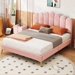 Upholstered Double Bed, 140x200cm, Headboard & Slatted Frame, Velvet Pink