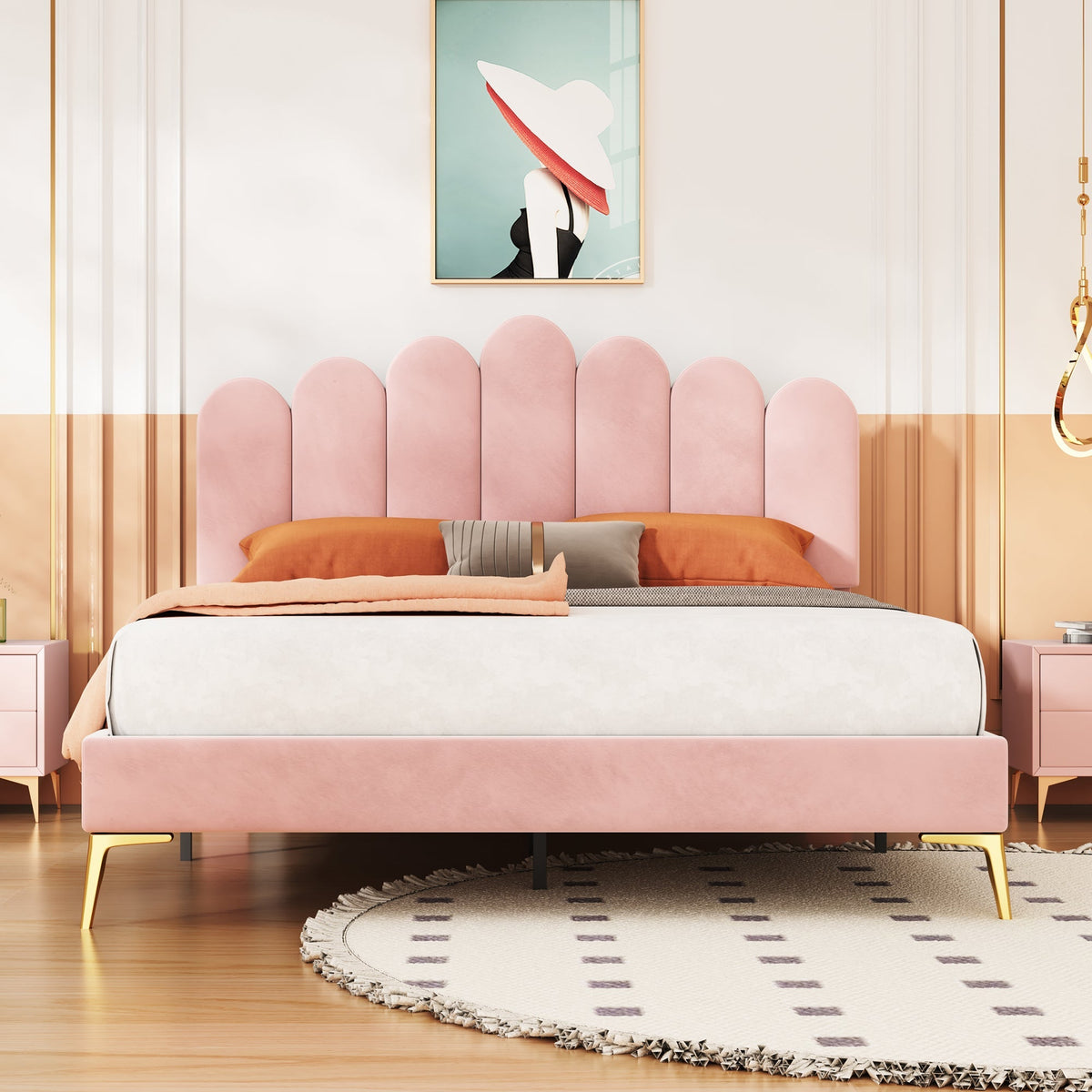 Upholstered Double Bed, 140x200cm, Headboard & Slatted Frame, Velvet Pink
