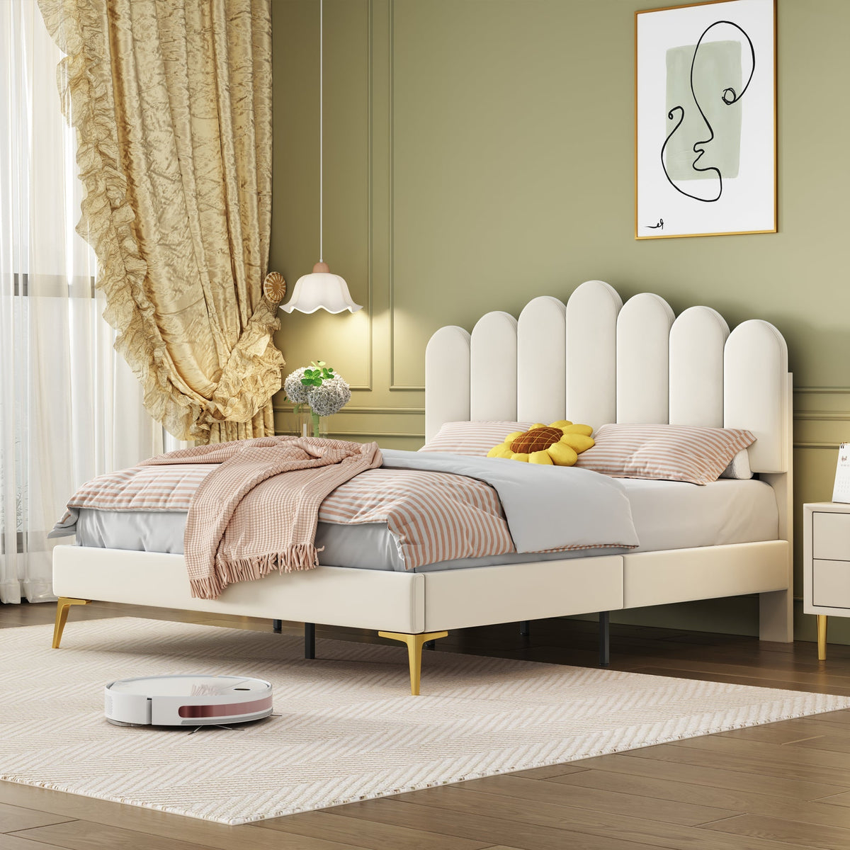 Upholstered Double Bed, 140x200cm with Headboard & Slatted Frame, Beige Velvet