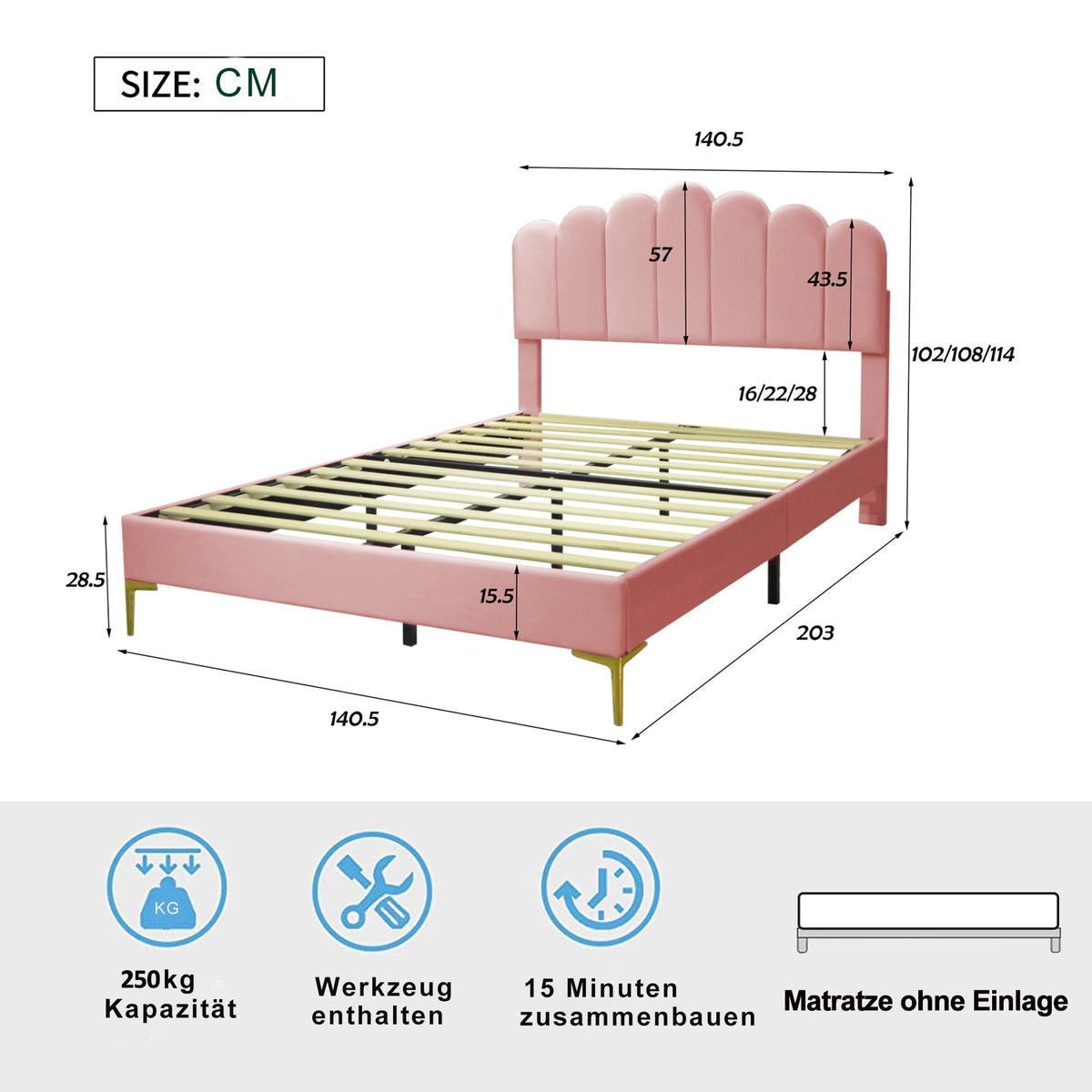 Upholstered Double Bed, 140x200cm, Headboard & Slatted Frame, Velvet Pink