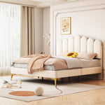 Upholstered Double Bed, 140x200cm with Headboard & Slatted Frame, Beige Velvet