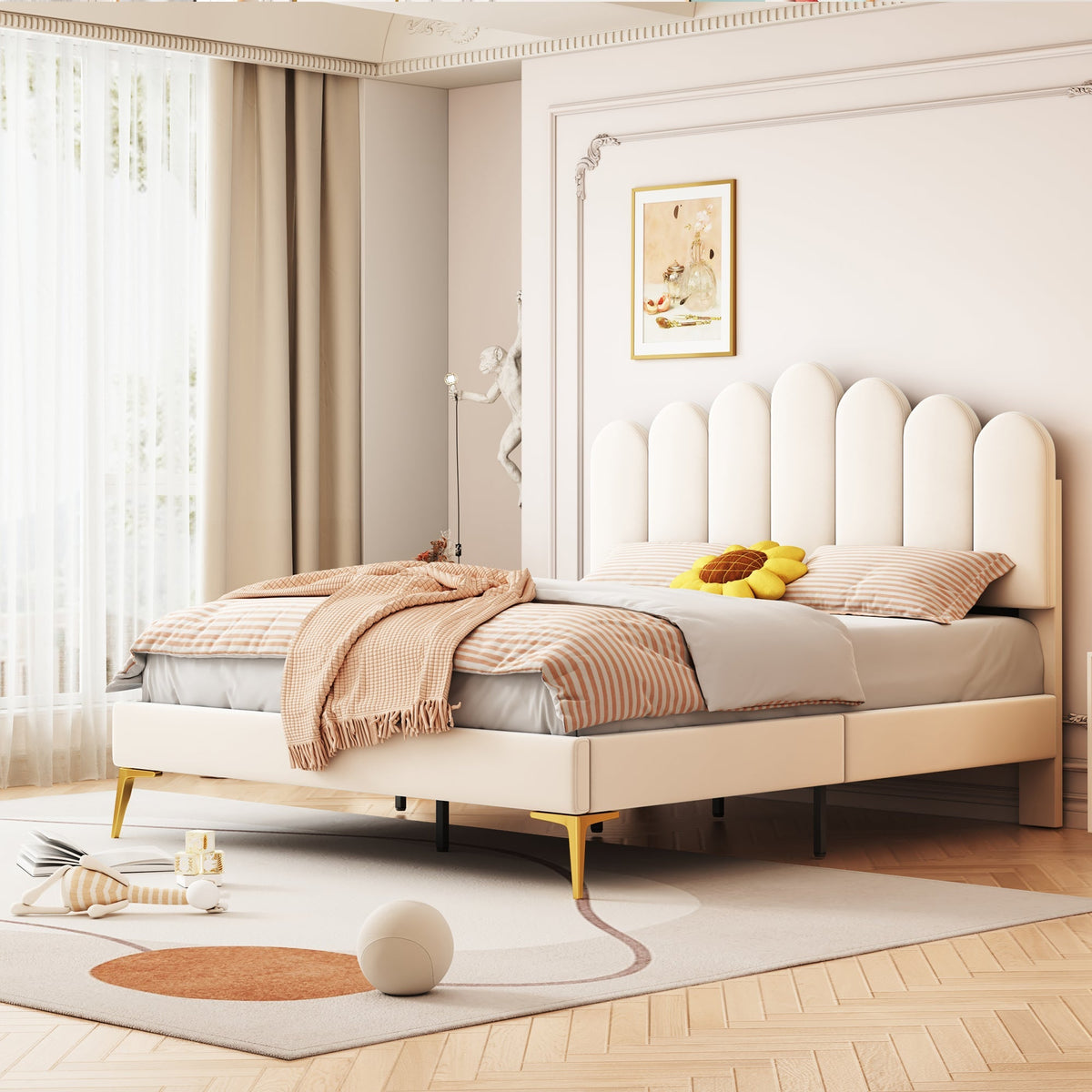 Upholstered Double Bed, 140x200cm with Headboard & Slatted Frame, Beige Velvet