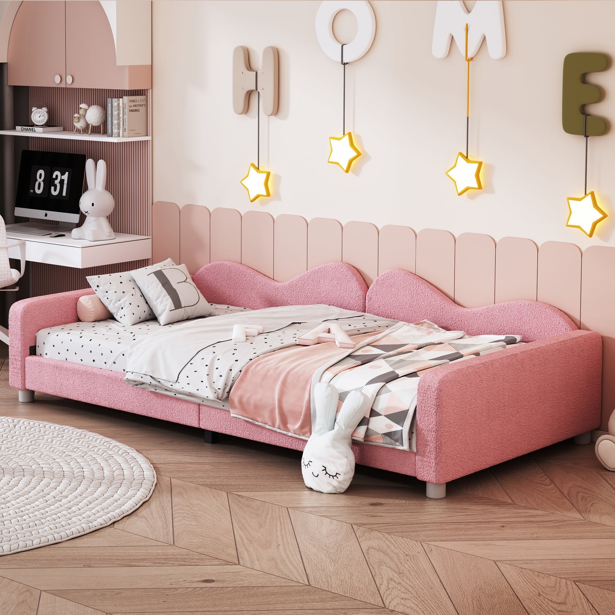 Children's Bed Upholstered 90*200cm, Multifunctional Sofa Bed with Backrest and Armrests, Teddy Fabric Pink