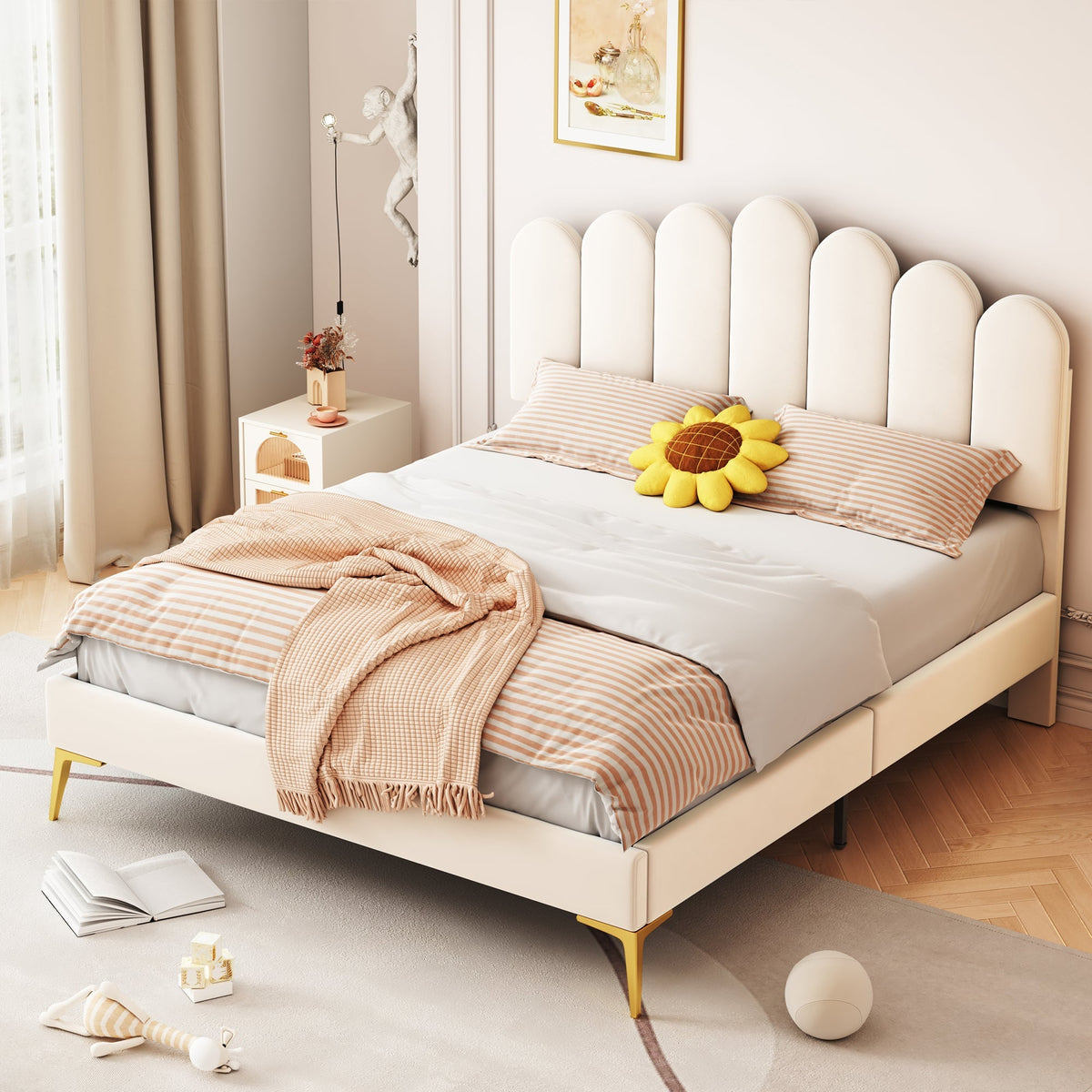 Upholstered Double Bed, 140x200cm with Headboard & Slatted Frame, Beige Velvet