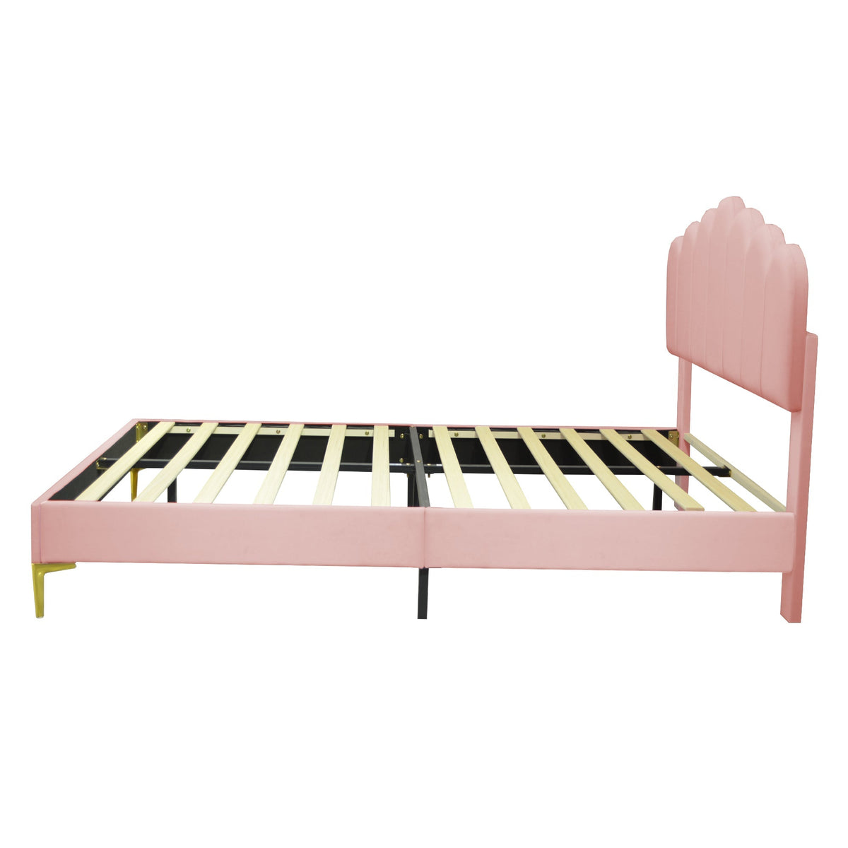 Upholstered Double Bed, 140x200cm, Headboard & Slatted Frame, Velvet Pink