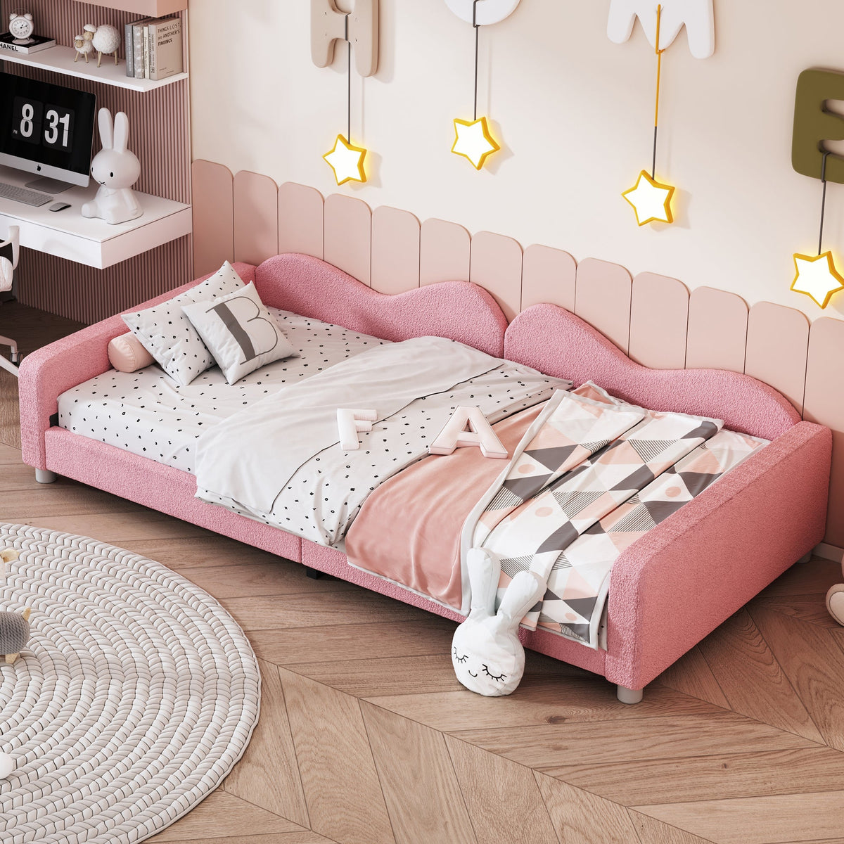 Children's Bed Upholstered 90*200cm, Multifunctional Sofa Bed with Backrest and Armrests, Teddy Fabric Pink