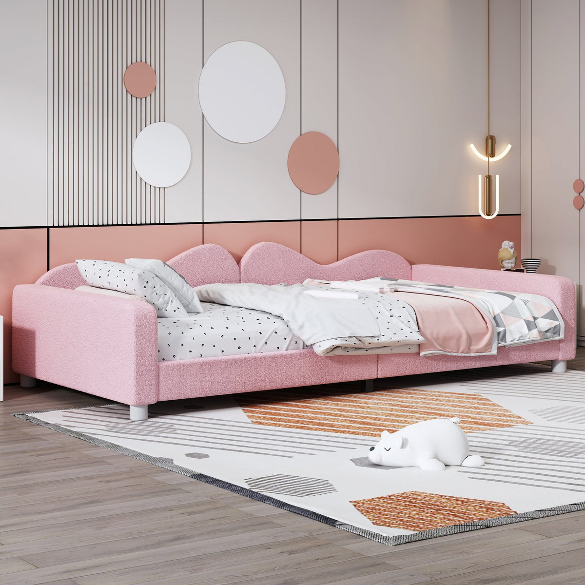 Children's Bed Upholstered 90*200cm, Multifunctional Sofa Bed with Backrest and Armrests, Teddy Fabric Pink