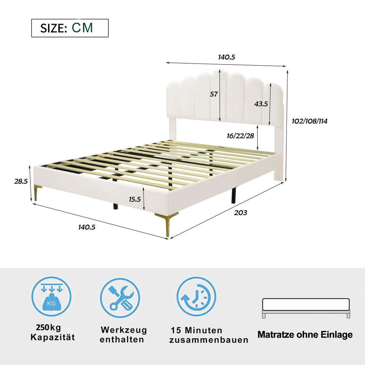 Upholstered Double Bed, 140x200cm with Headboard & Slatted Frame, Beige Velvet