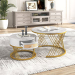 2-in-1 Round Coffee Table, Marble Top Rattan Drawers, MDF & Iron