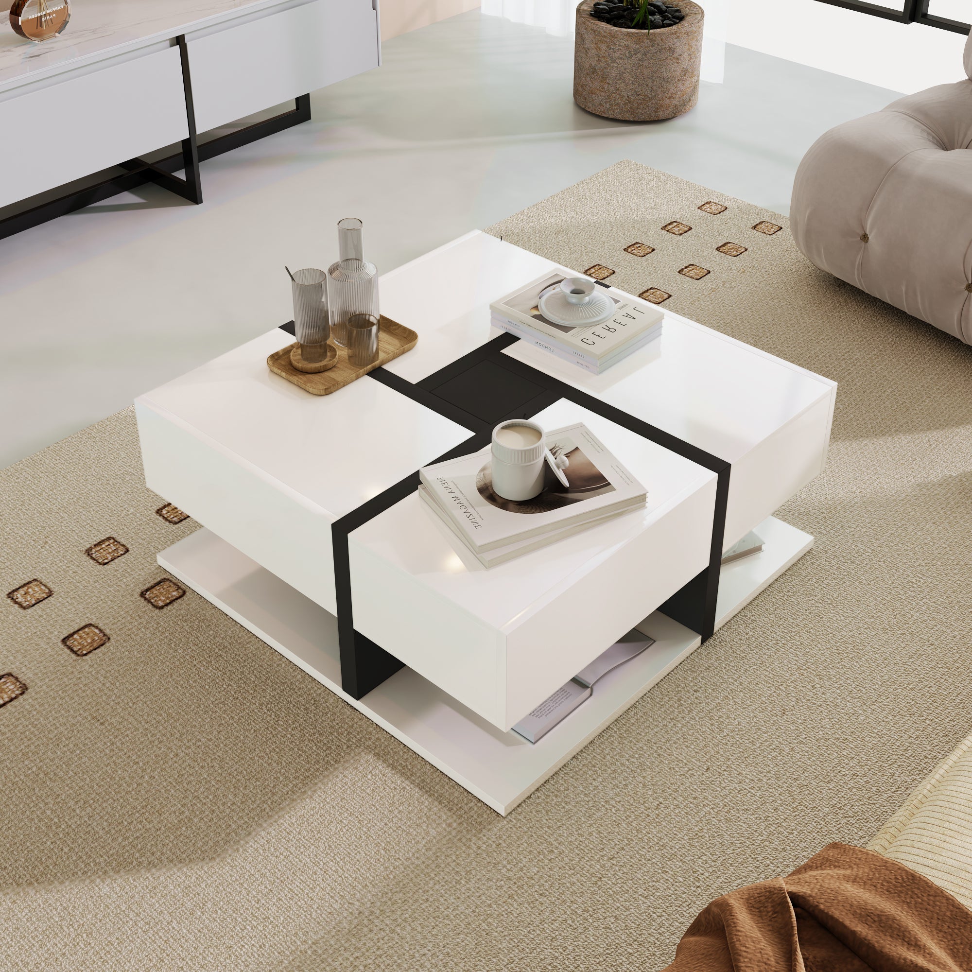 Coffee Table, 4-Drawer High-Gloss with Storage, White and Black