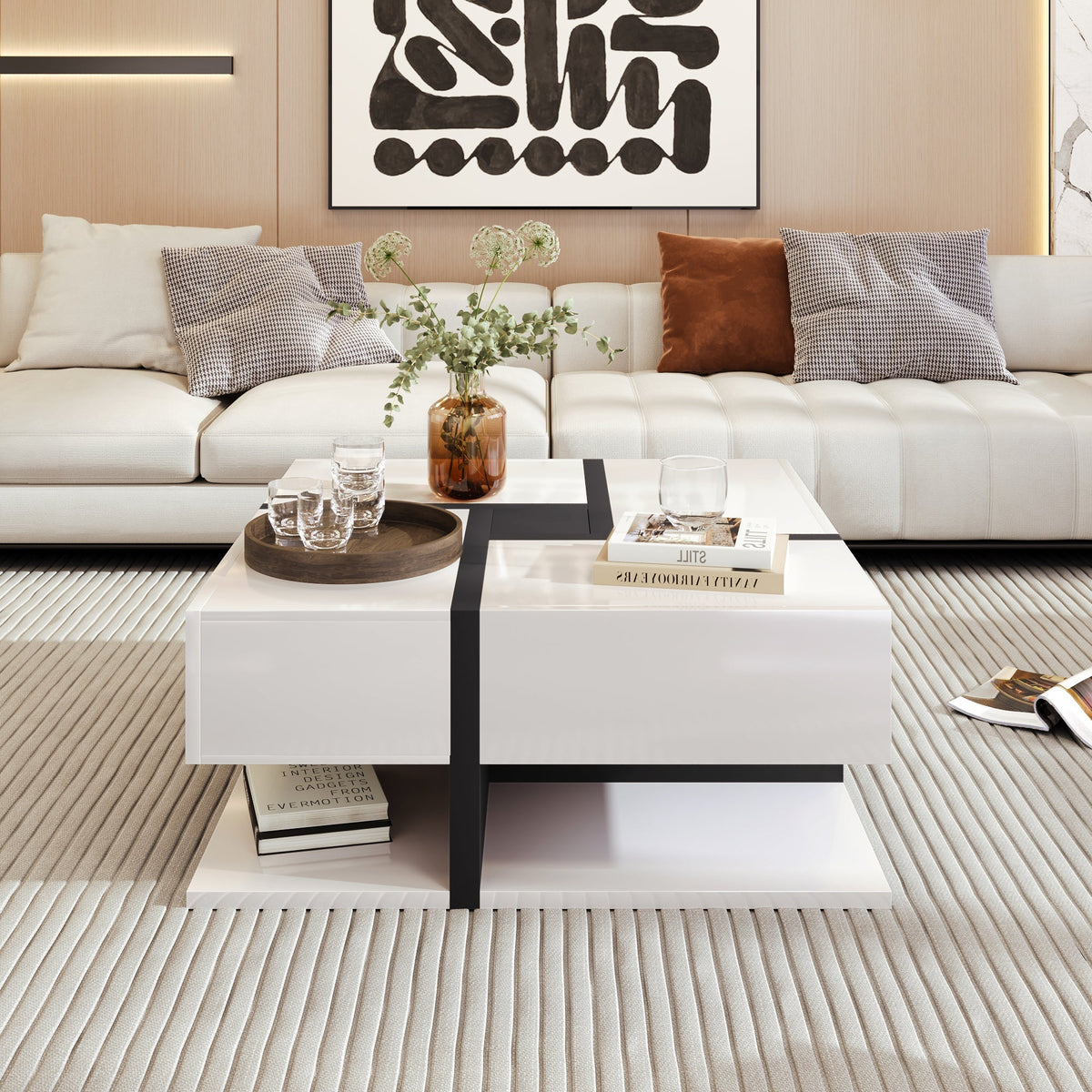 Coffee Table, High-Gloss with 4 Drawers, Linear Design