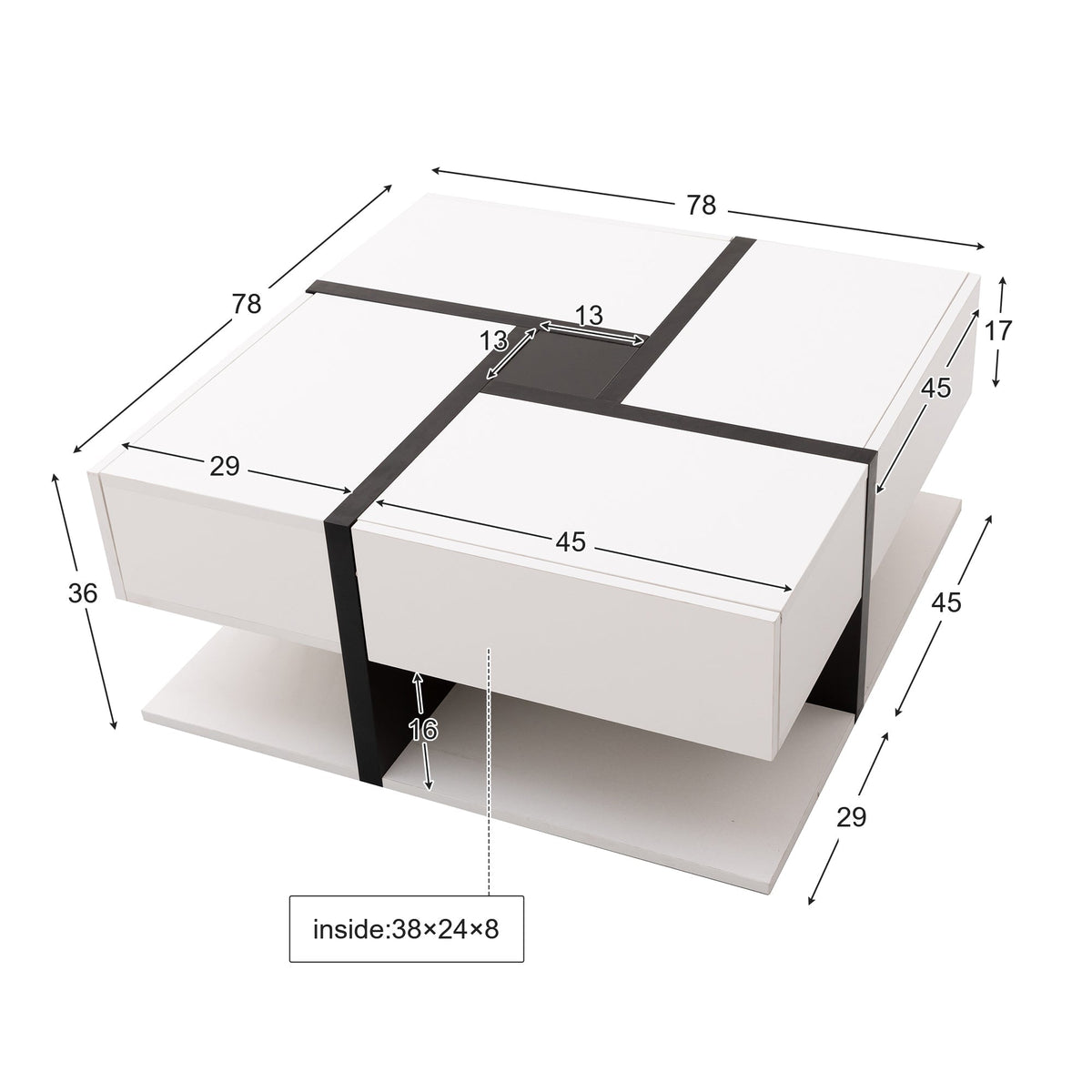 Coffee Table, 4-Drawer High-Gloss with Storage, White and Black