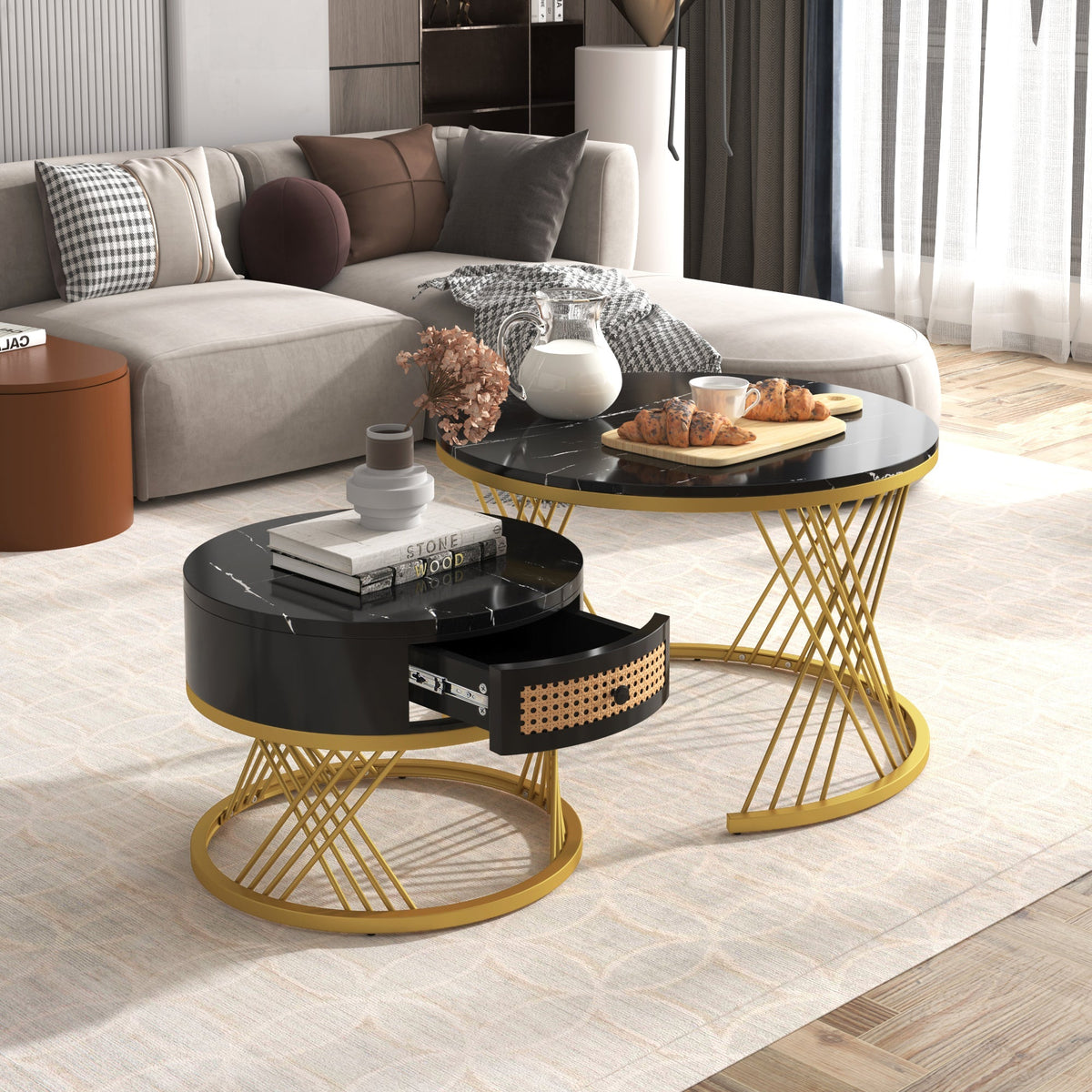 2-in-1 Round Coffee Table, Marble Top, Rattan Drawers, MDF & Gold
