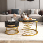 2-in-1 Round Coffee Table, Marble Top, Rattan Drawers, MDF & Gold