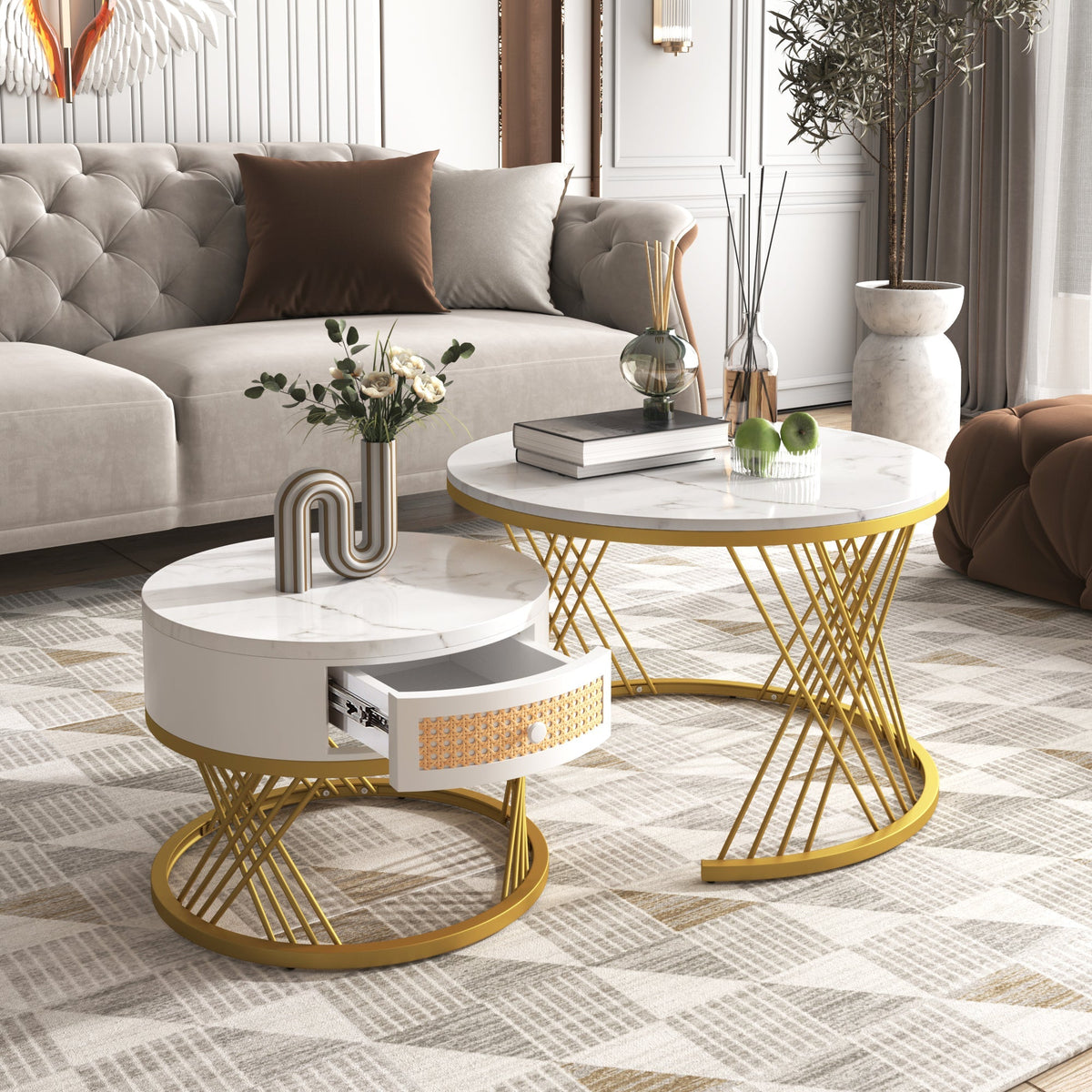 2-in-1 Round Coffee Table, Marble Top Rattan Drawers, MDF & Iron