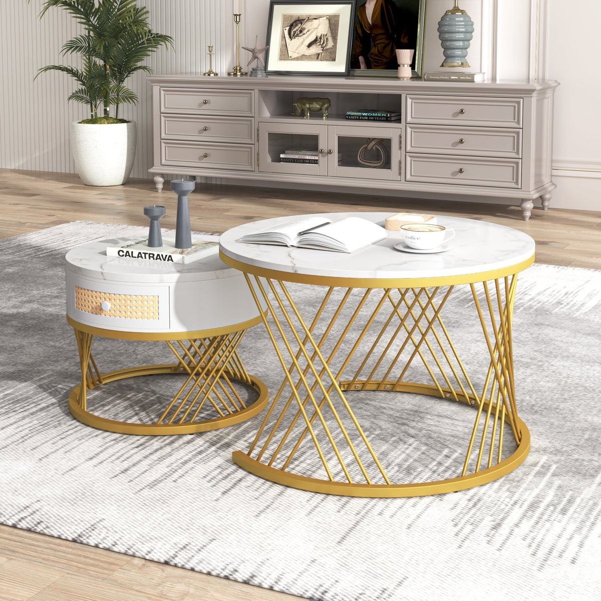 2-in-1 Round Coffee Table, Marble Top Rattan Drawers, MDF & Iron
