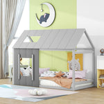 90 x 200 Children's Bed, House-Shaped with Roof and Window, Dark Grey and Light Grey