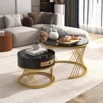 2-in-1 Round Coffee Table, Marble Top, Rattan Drawers, MDF & Gold