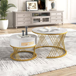 2-in-1 Round Coffee Table, Marble Top Rattan Drawers, MDF & Iron