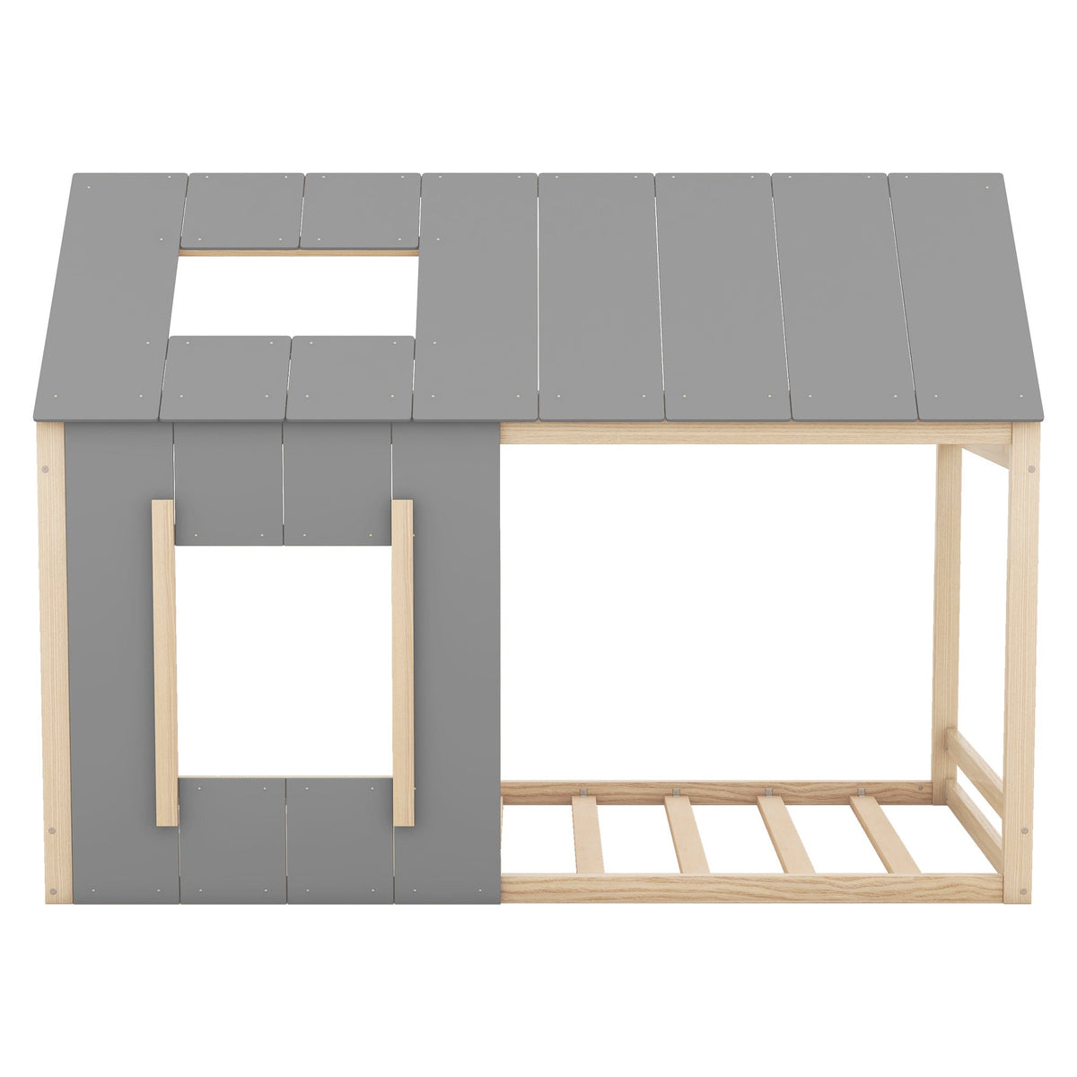 House Children's Bed 90x200cm with Roof and Window - Natural/Grey