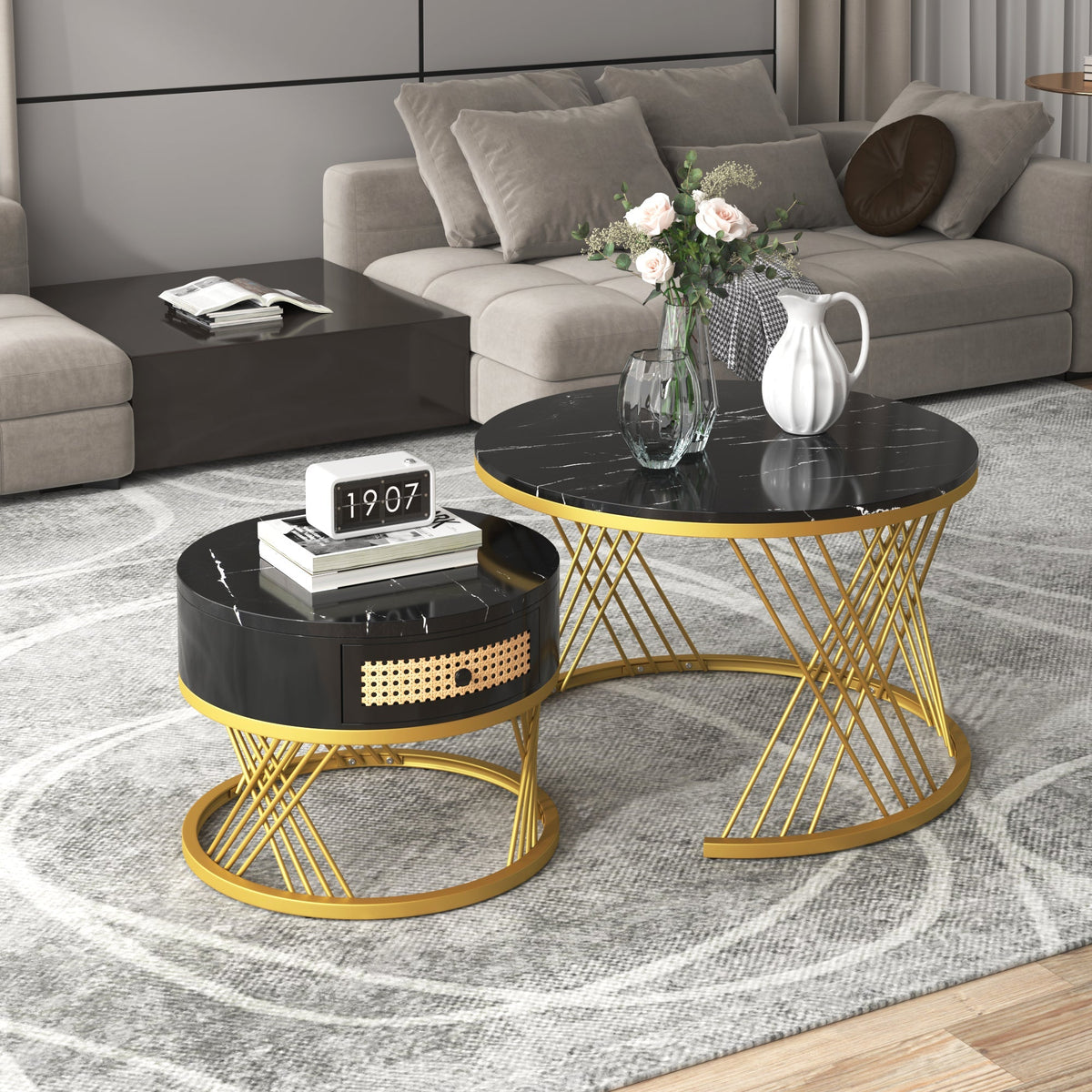 2-in-1 Round Coffee Table, Marble Top, Rattan Drawers, MDF & Gold