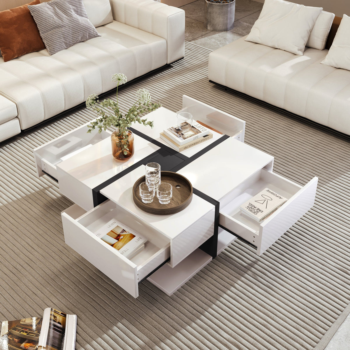 Coffee Table, High-Gloss with 4 Drawers, Linear Design