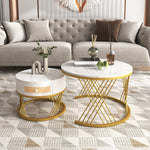 2-in-1 Round Coffee Table, Marble Top Rattan Drawers, MDF & Iron