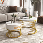 2-in-1 Round Coffee Table, Marble Top Rattan Drawers, MDF & Iron