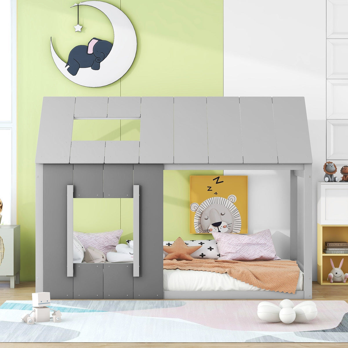 90 x 200 Children's Bed, House-Shaped with Roof and Window, Dark Grey and Light Grey