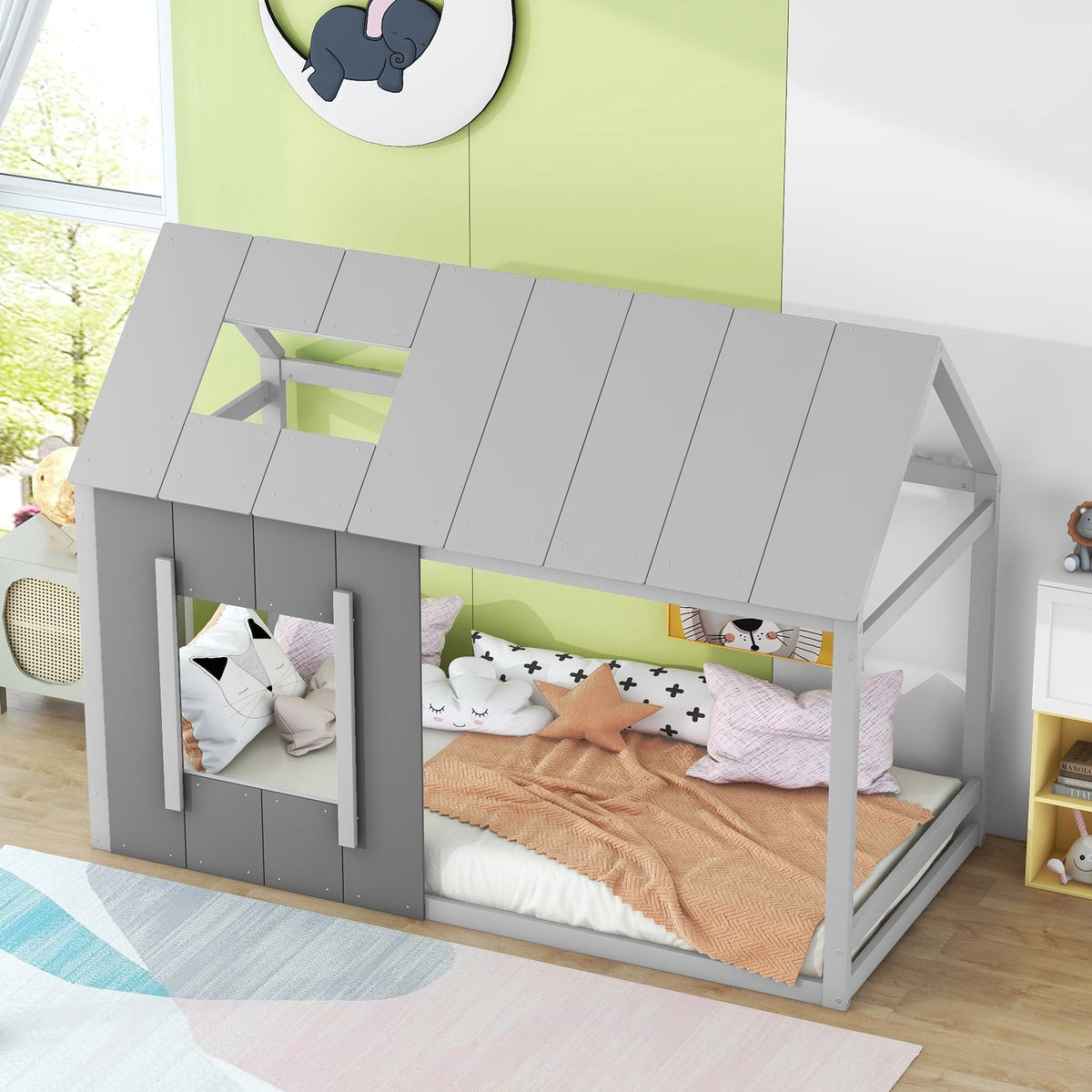 90 x 200 Children's Bed, House-Shaped with Roof and Window, Dark Grey and Light Grey