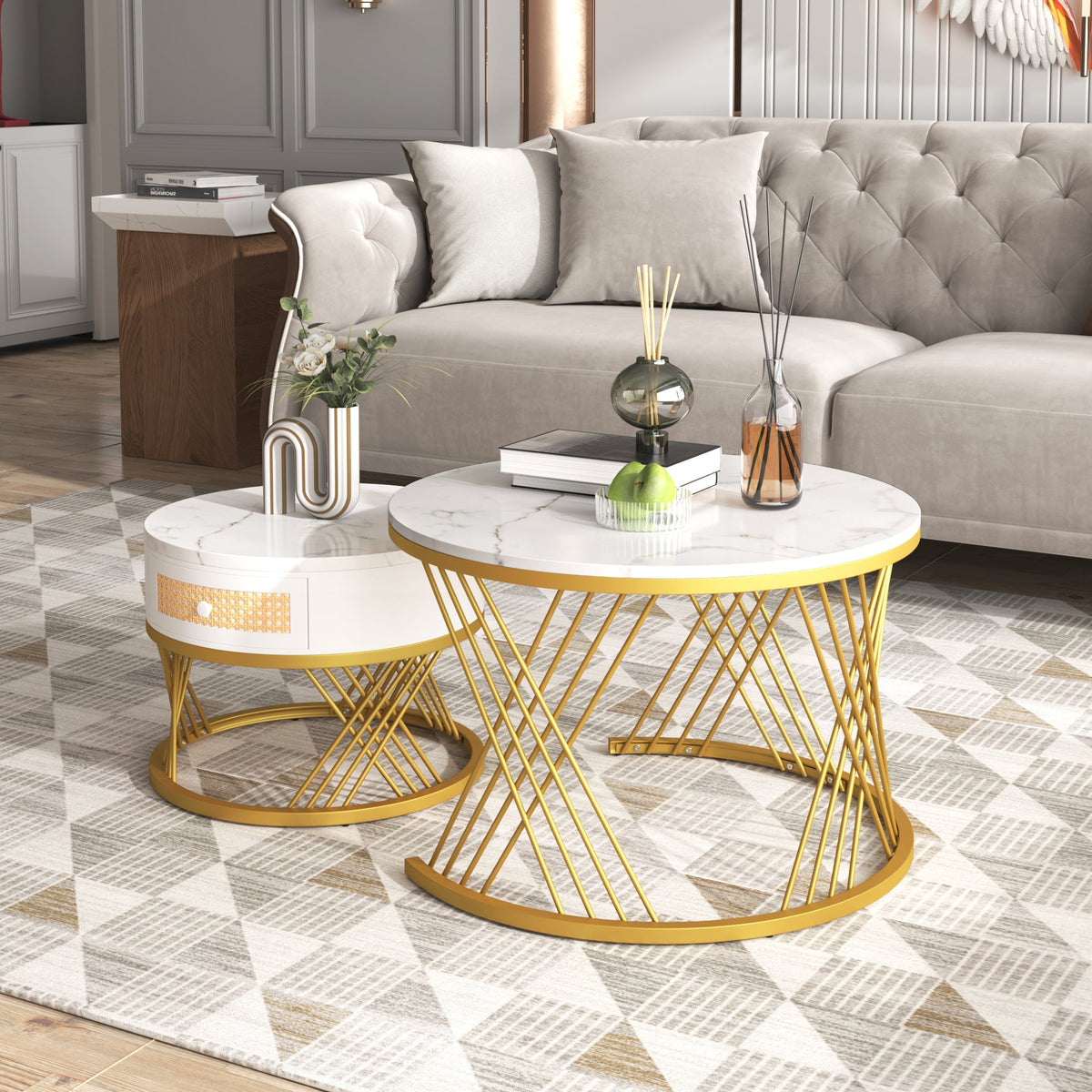 2-in-1 Round Coffee Table, Marble Top Rattan Drawers, MDF & Iron