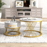 2-in-1 Round Coffee Table, Marble Top Rattan Drawers, MDF & Iron