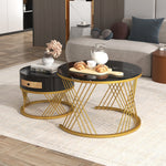 2-in-1 Round Coffee Table, Marble Top, Rattan Drawers, MDF & Gold