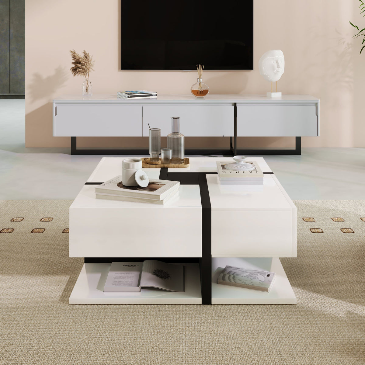 Coffee Table, High-Gloss with 4 Drawers, Linear Design