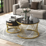 2-in-1 Round Coffee Table, Marble Top, Rattan Drawers, MDF & Gold