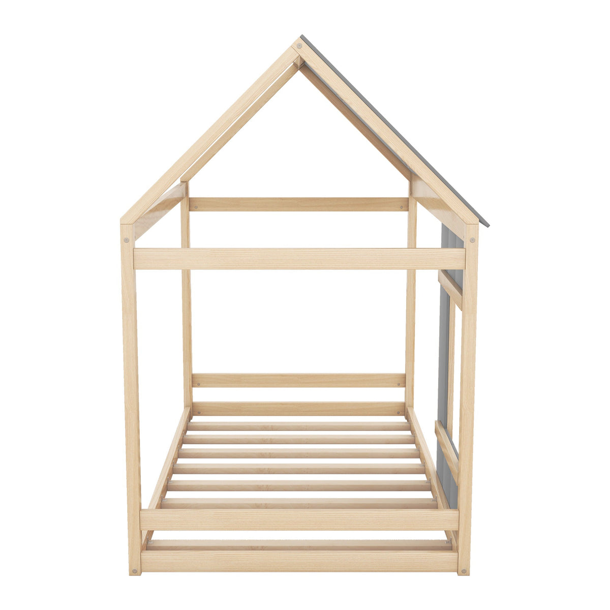 House Children's Bed 90x200cm with Roof and Window - Natural/Grey