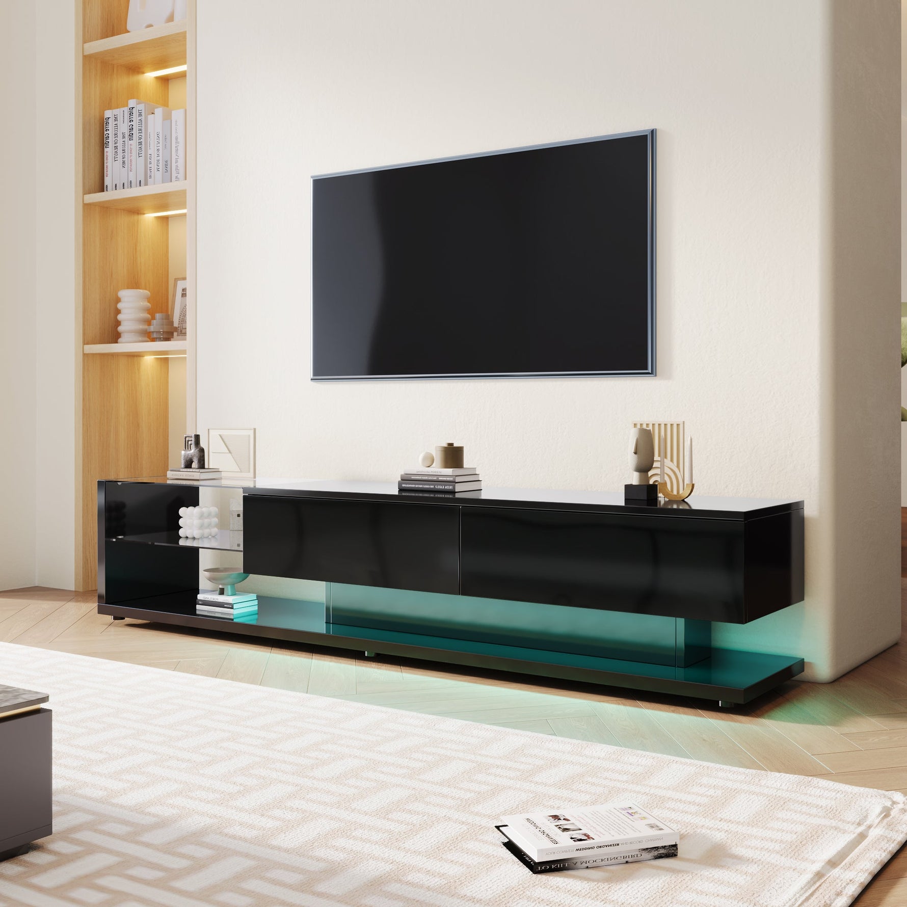 TV Cabinet, High-Gloss with Glass Partitions & LED Lighting, Rustic/Modern Design