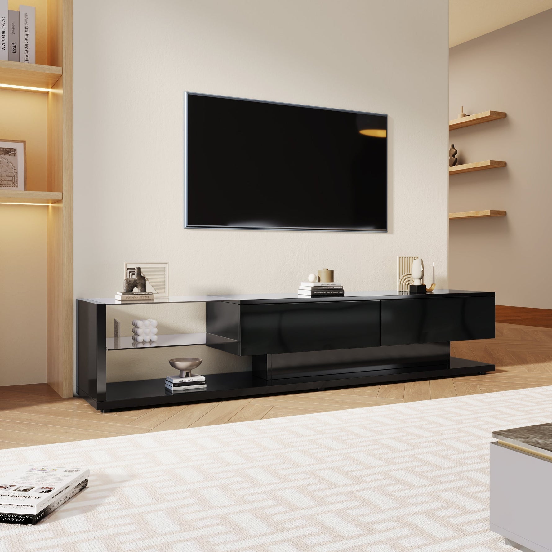 TV Cabinet, High-Gloss with Glass Partitions & LED Lighting, Rustic/Modern Design