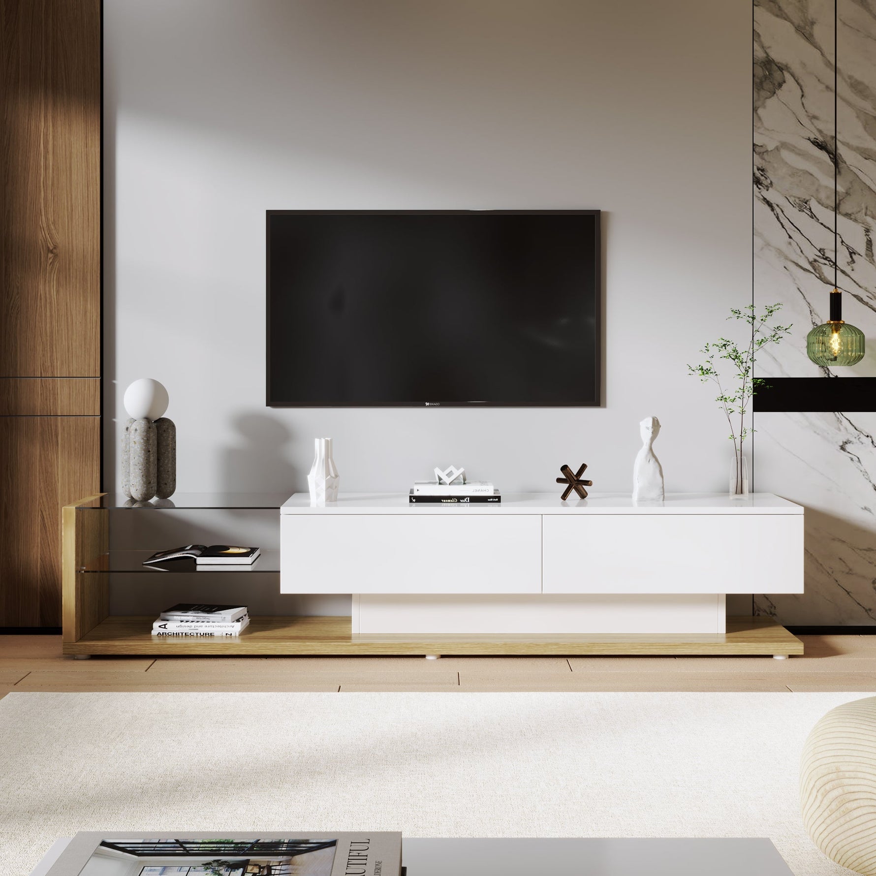 TV Cabinet Lowboard, LED Lighting Glass Partition, High-Gloss White and Wood