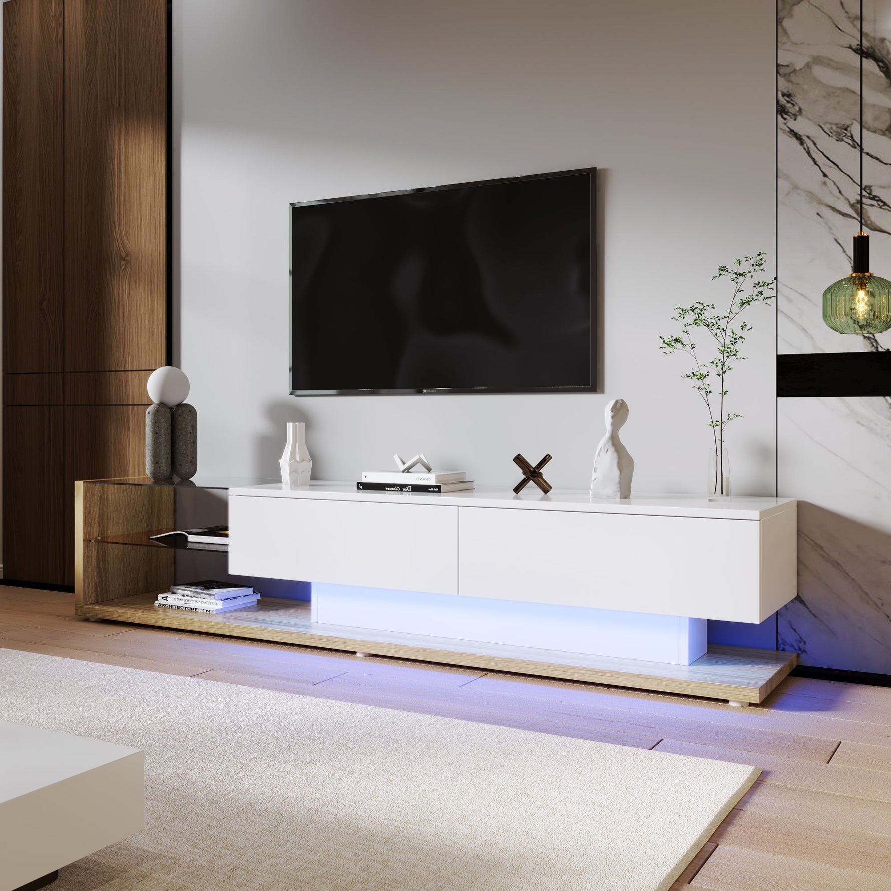 TV Cabinet Lowboard, LED Lighting Glass Partition, High-Gloss White and Wood