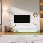 TV Cabinet Lowboard, LED Lighting Glass Partition, High-Gloss White and Wood