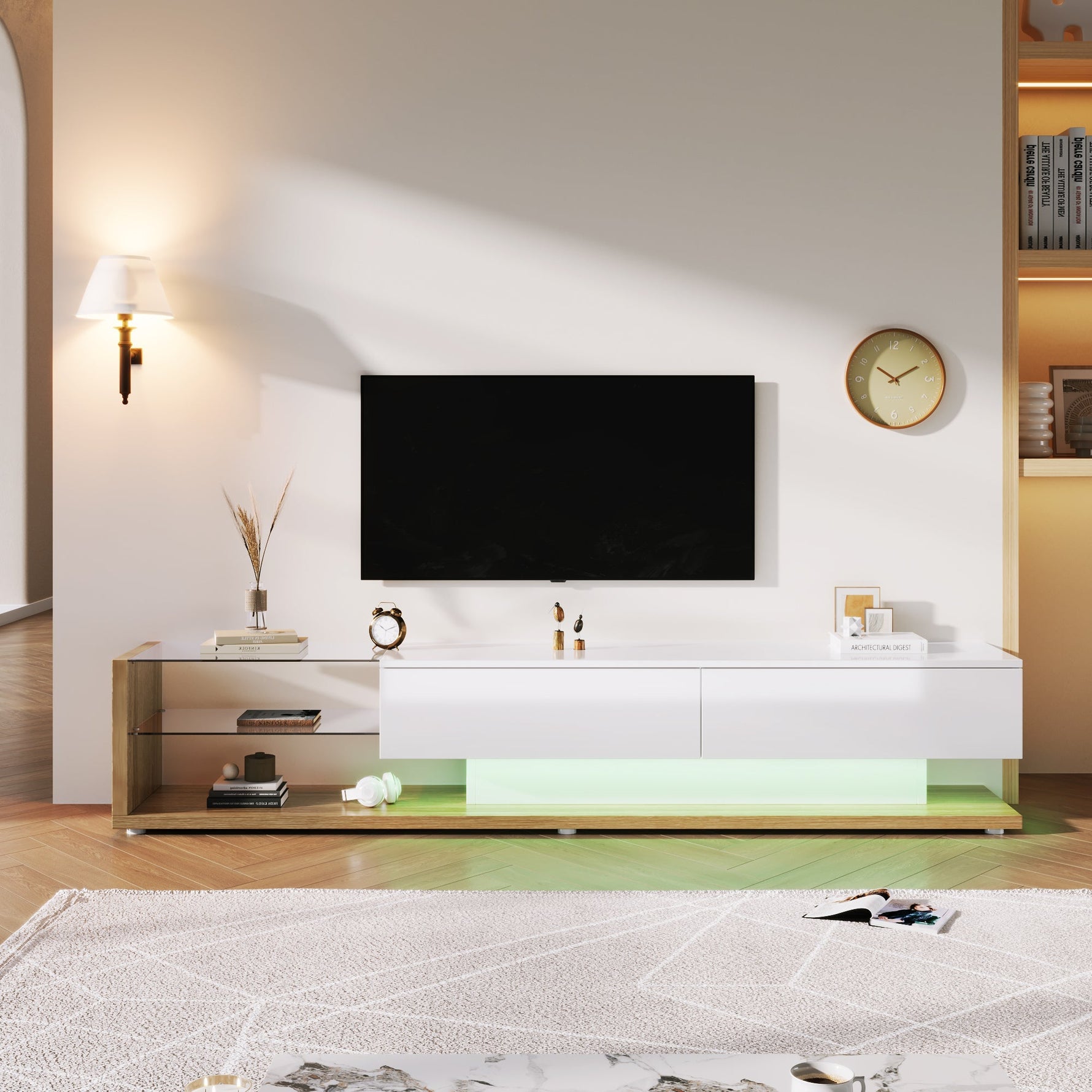TV Cabinet Lowboard, LED Lighting Glass Partition, High-Gloss White and Wood