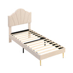 Upholstered Bed with Shell Headboard, Storage Bench and Golden Legs, 90x200cm, Beige Velvet