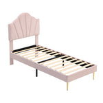 Shell-shaped Upholstered Bed with Storage Bench and Adjustable Headboard, 90x200cm, Pink Velvet