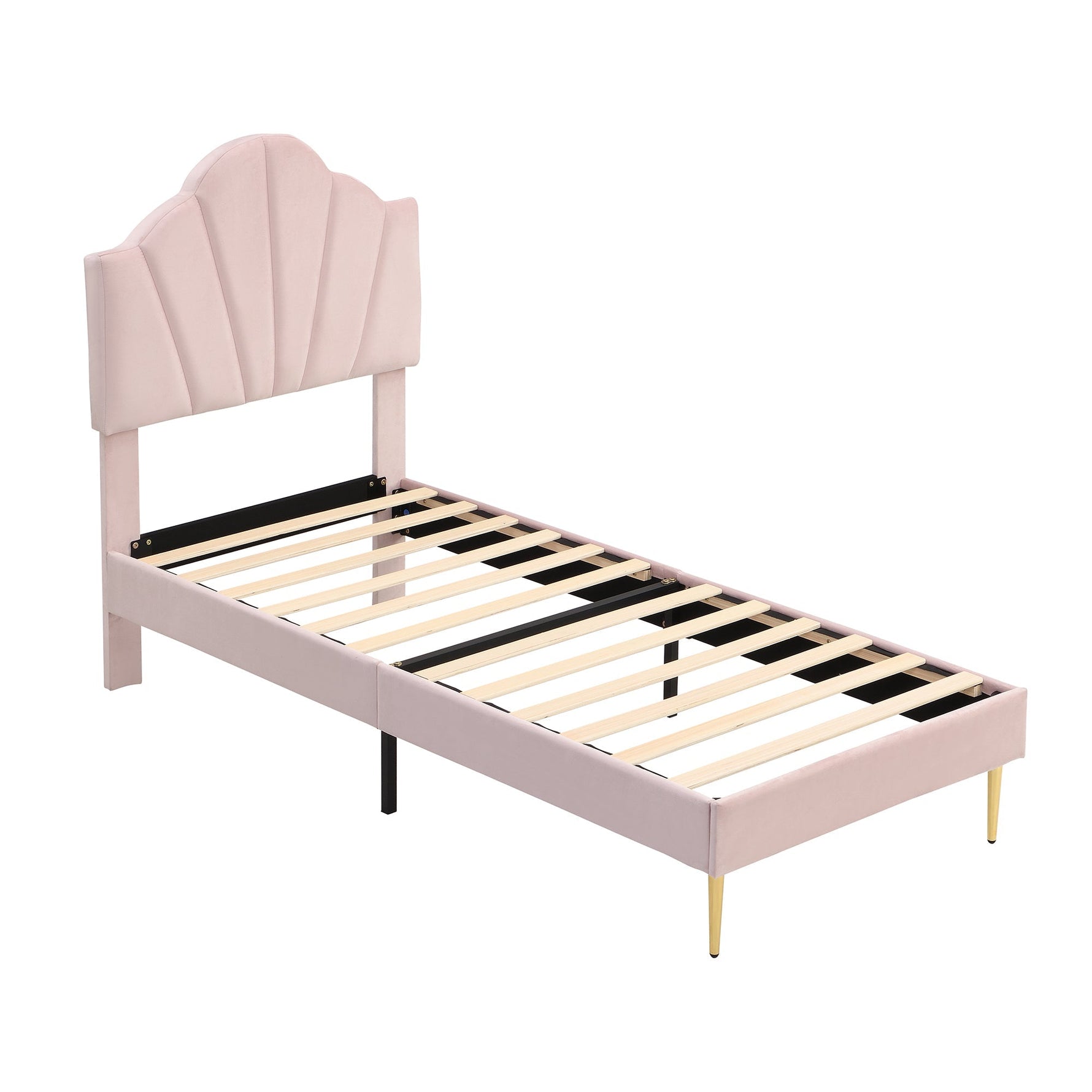 Shell-shaped Upholstered Bed with Storage Bench and Adjustable Headboard, 90x200cm, Pink Velvet