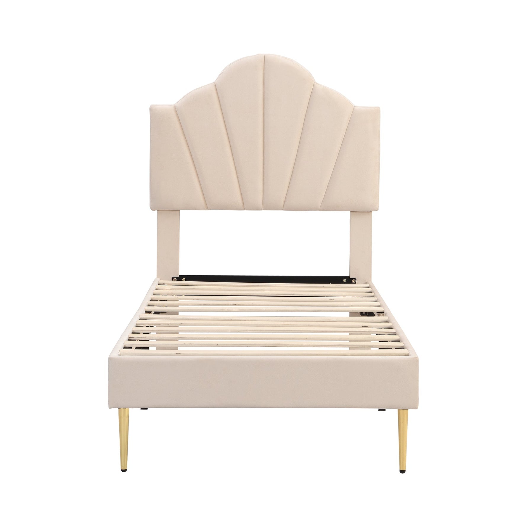 Upholstered Bed with Shell Headboard, Storage Bench and Golden Legs, 90x200cm, Beige Velvet