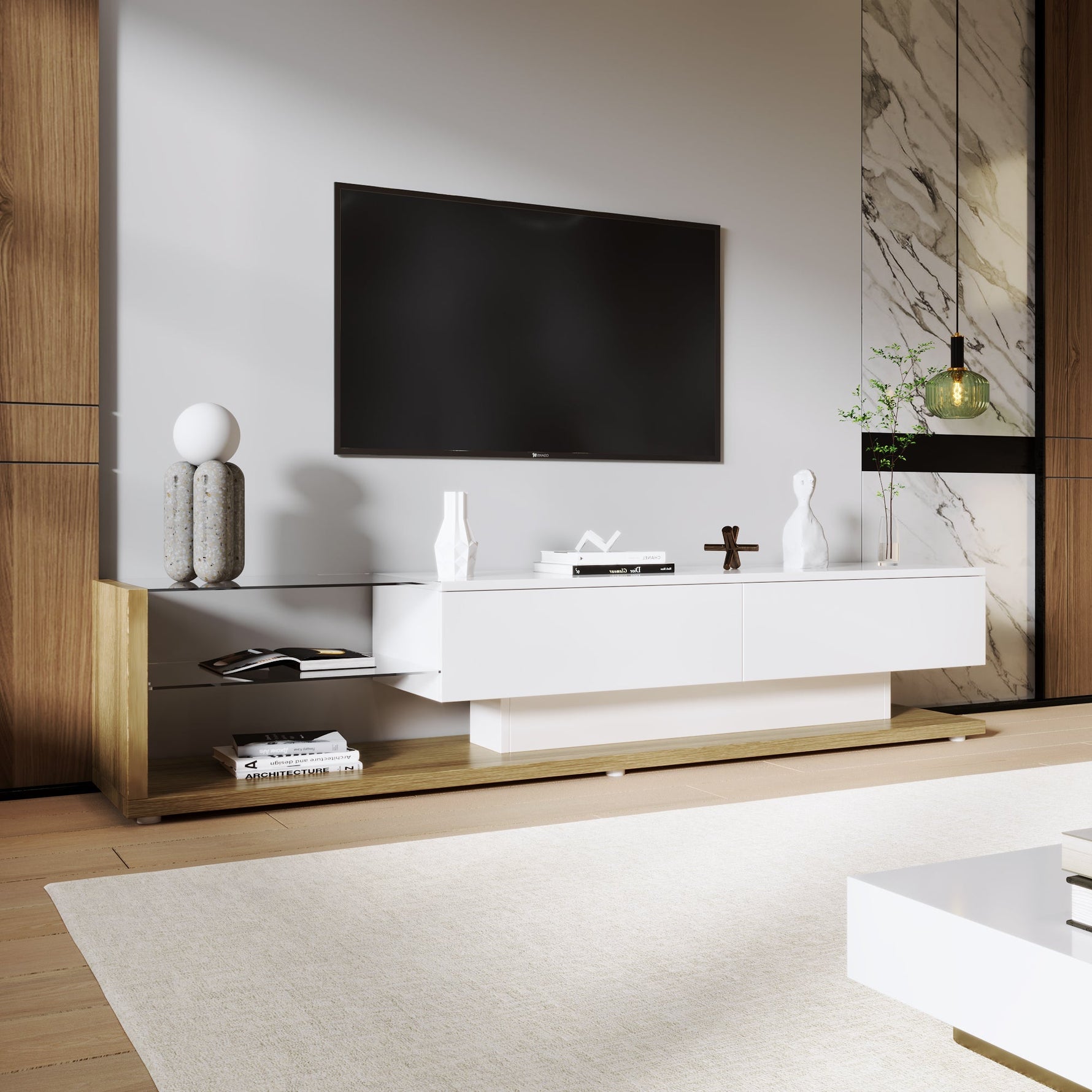 TV Cabinet Lowboard, LED Lighting Glass Partition, High-Gloss White and Wood